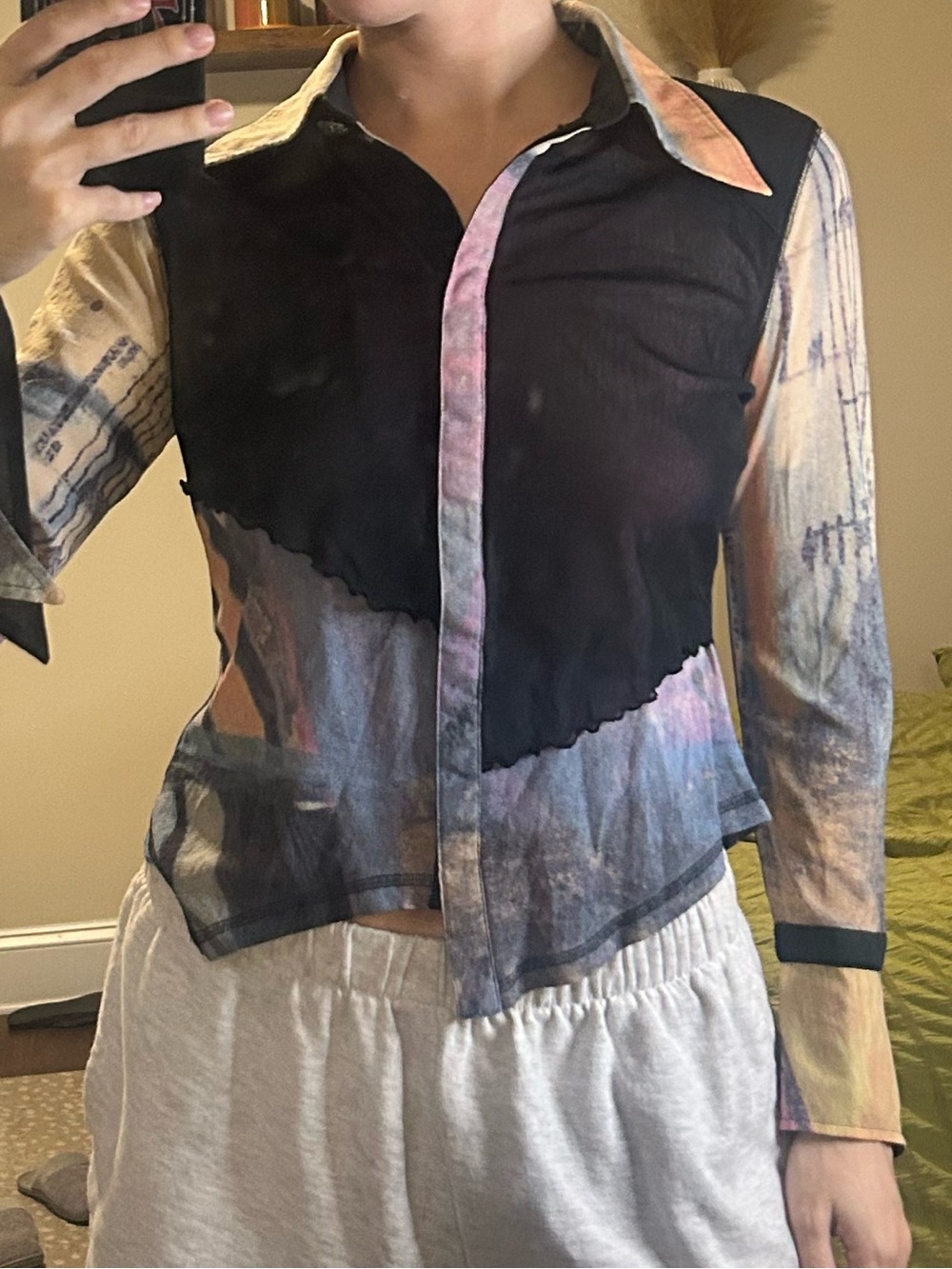 Abstract Print Long-Sleeve Sheer Button-Up Top - Black & Multicolor